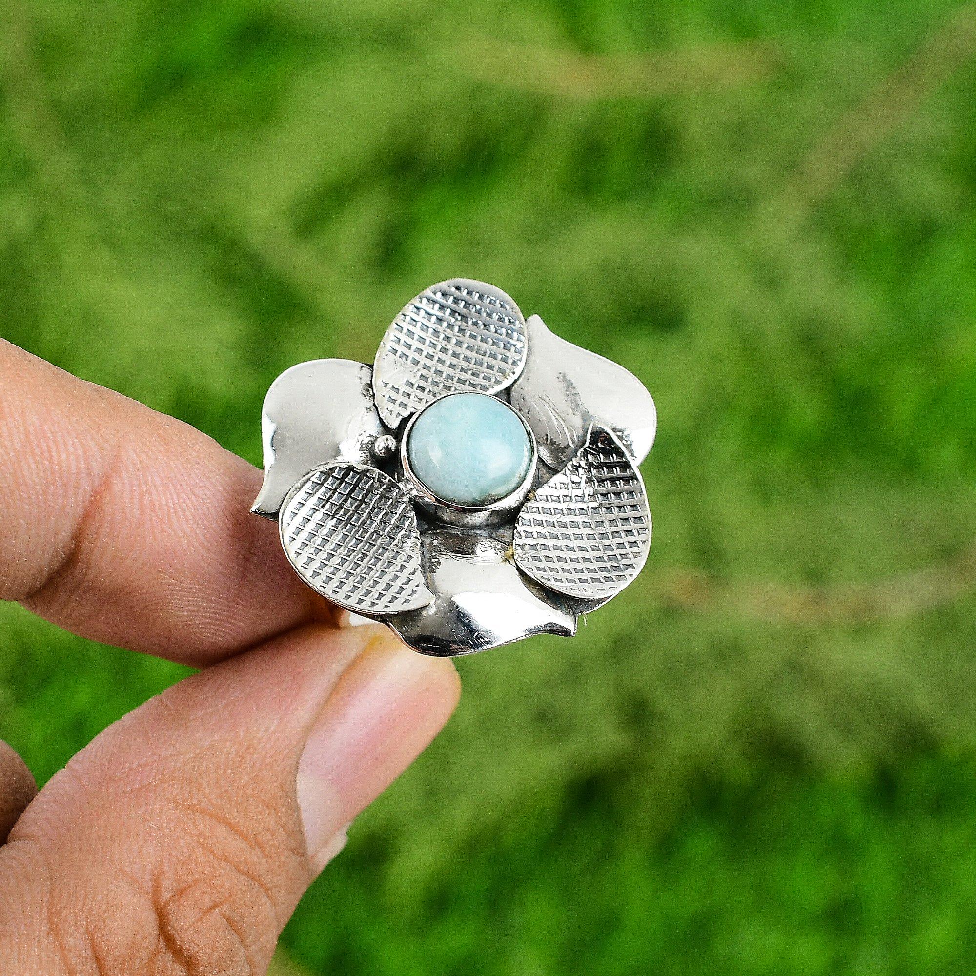 

925 Sterling Silver Larimar Stone Stackable Unique Flower Promise Ring Jewelry Adjustable