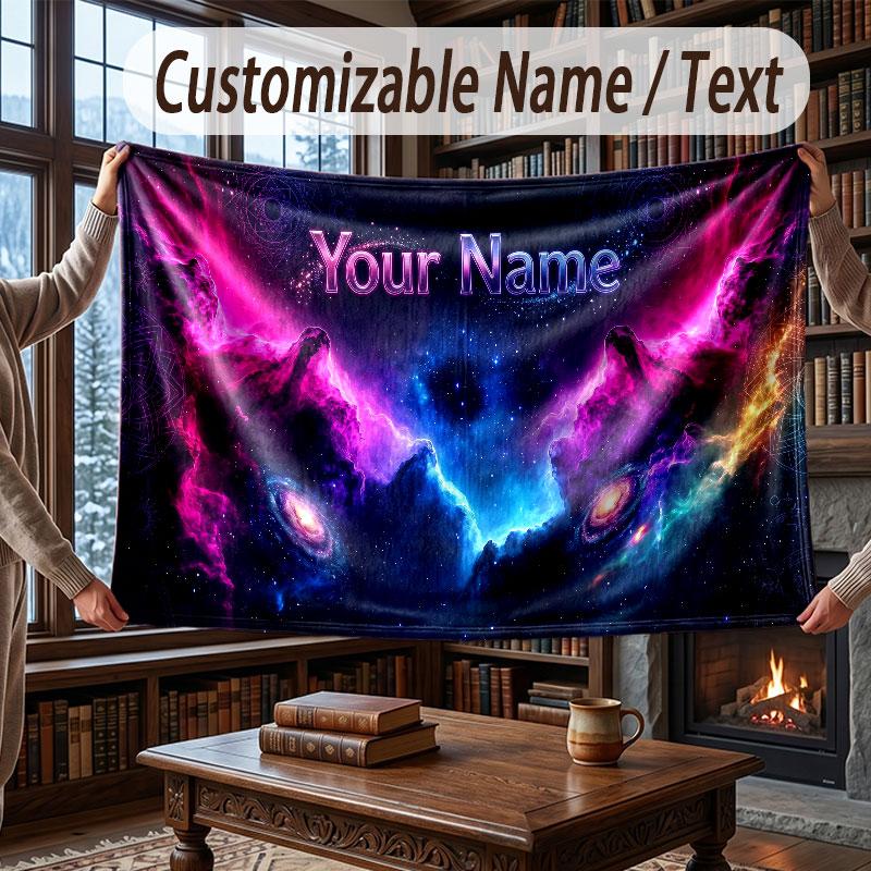 Space Cosmic Theme Throw Blanket Custom Name Text Personalized Blanket Soft Cozy Blanket for Home Sofa Bed