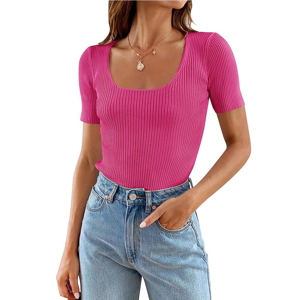 

2025 летняя новая женская одежда женская U-образная горловина низ облегающий базовый короткий рукав XL розы красного