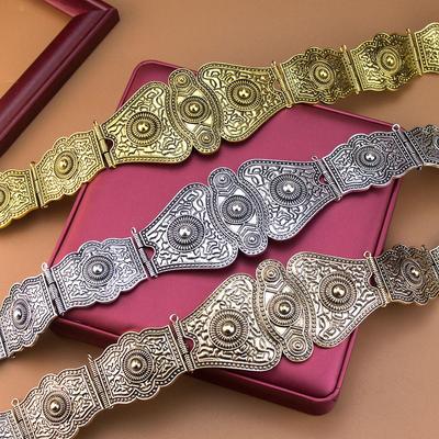 Vintage Slavic Caucasus Women Dress Belt Relief Pattern Rivet Decoration Metal Waist Belt Chain Adjustable Length