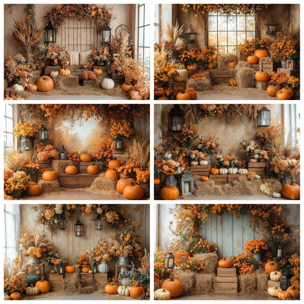 Fall Autumn Theme Backdrop Harvest Rustic Barn Hay Pumpkins Kids Birthday Portrait Decor Photography Background for Photo Studio22
