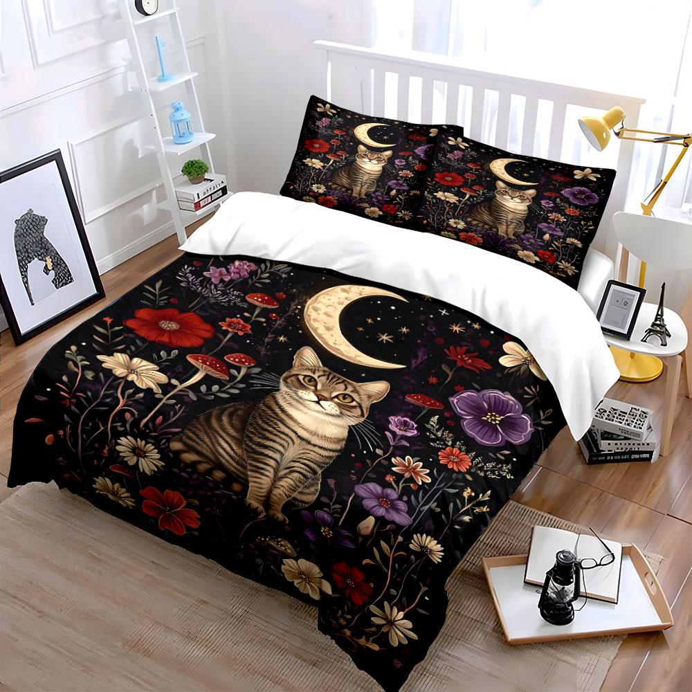 Cat, crescent moon, flowers. Bedding sets Duvet cover sets Duvet covers Pillowcases(1 * Duvet Cover 2 * Pillowcases without duvet insert)