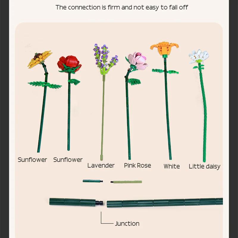 Romantic Rose Flowers Bouquet Building Blocks Sunflower Model Bricks Creative Desktop Decoration Kids DIY Toys Girls Gifts