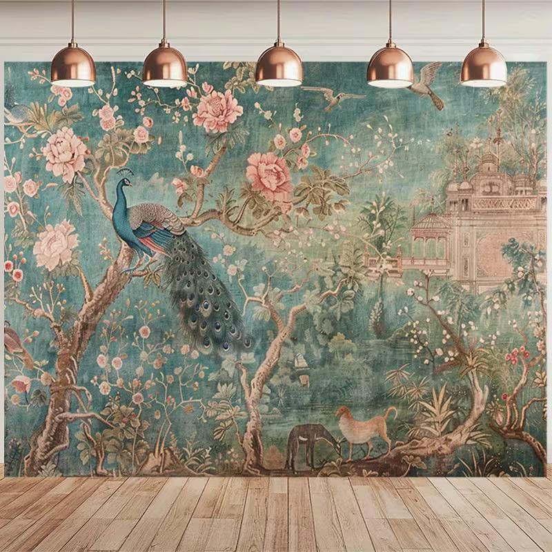 2D Antique Peacock Floral Tapestry Aesthetic Home Background Cloth