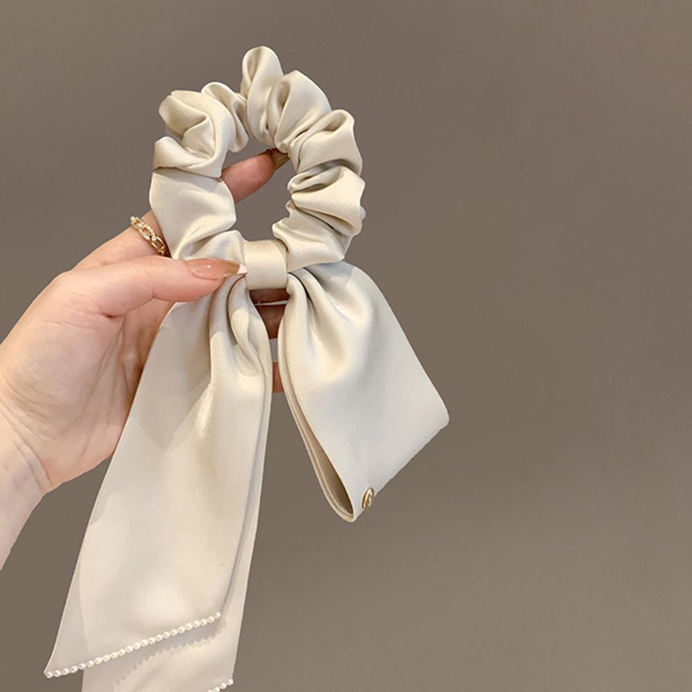 Satin Bowknot Elastic Hair Bands For Women Girls Pearl Solid Color Scrunchies French Hair Ties Hair Accessories Ponytail Holder