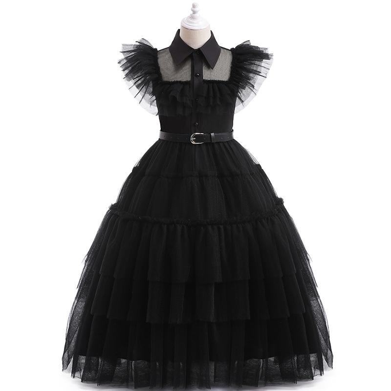 Girls Tulle Dress Wednesday Addams Cosplay Party Performance Long Witch Theme Gown