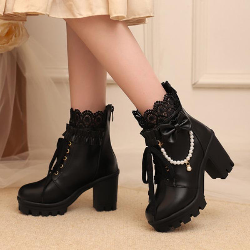 

Женские ботильоны на платформе, на шнуровке, с жемчужной цепочкой, с бантом, великолепные, удобные, на массивном высоком каблуке 9 см, готические ботинки-комбаты, молния сзади 39