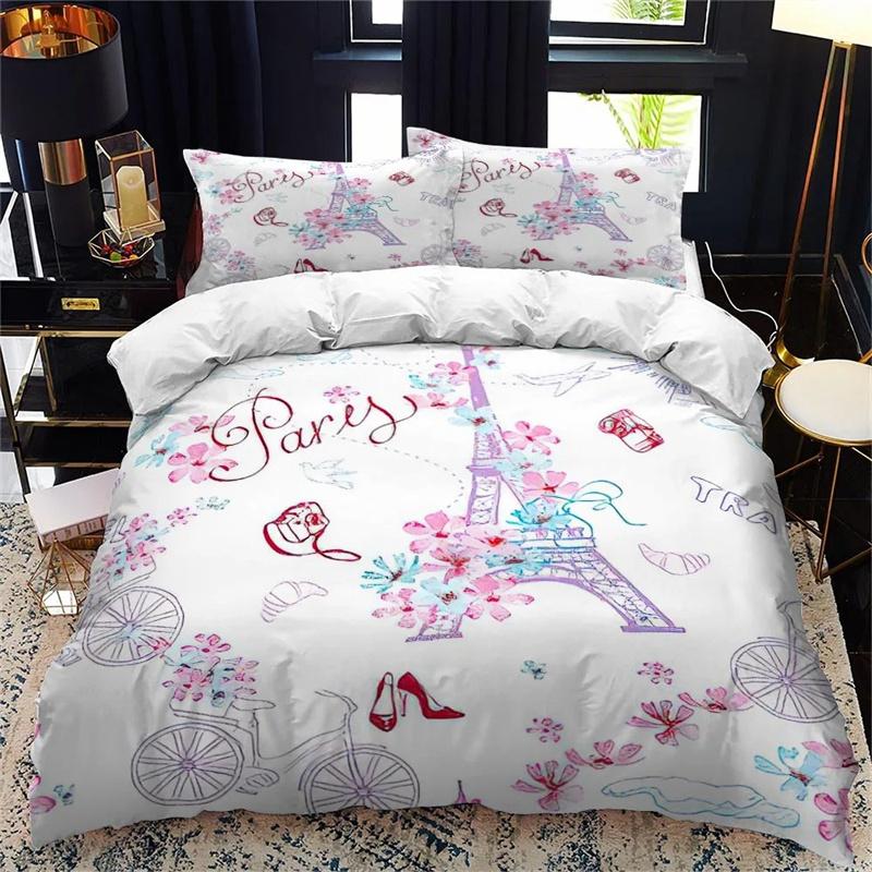 Paris Tower Duvet Cover Famous Buildings In France for Women Men Adults Pink Romantic Bedroom Decoration Polyester Quilt Cover