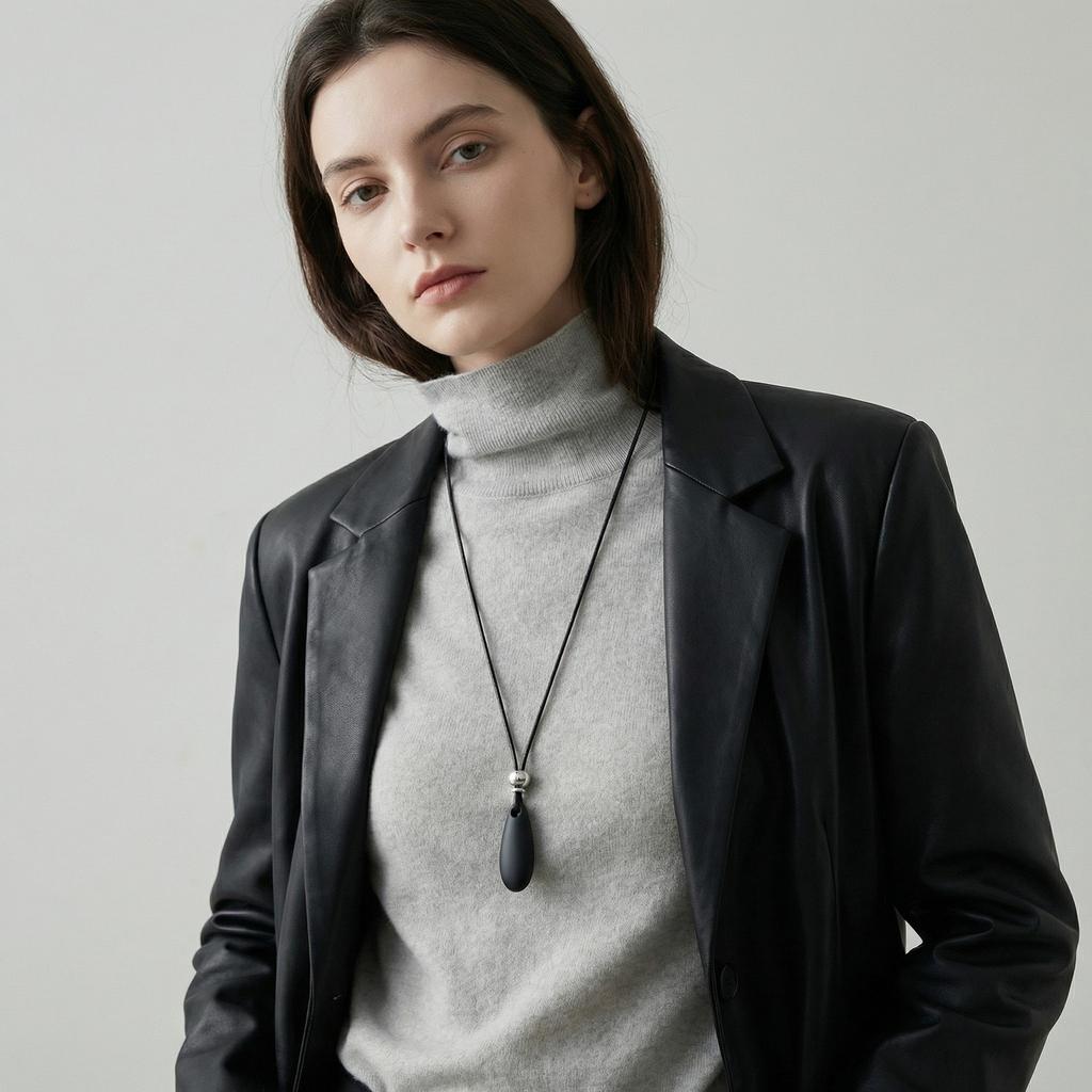 Vnox Minimalist Solid Water Drop Shaped Pendant Necklace for Women Girls, Adjustable Long Black Rope Chain Neklace Jewerly