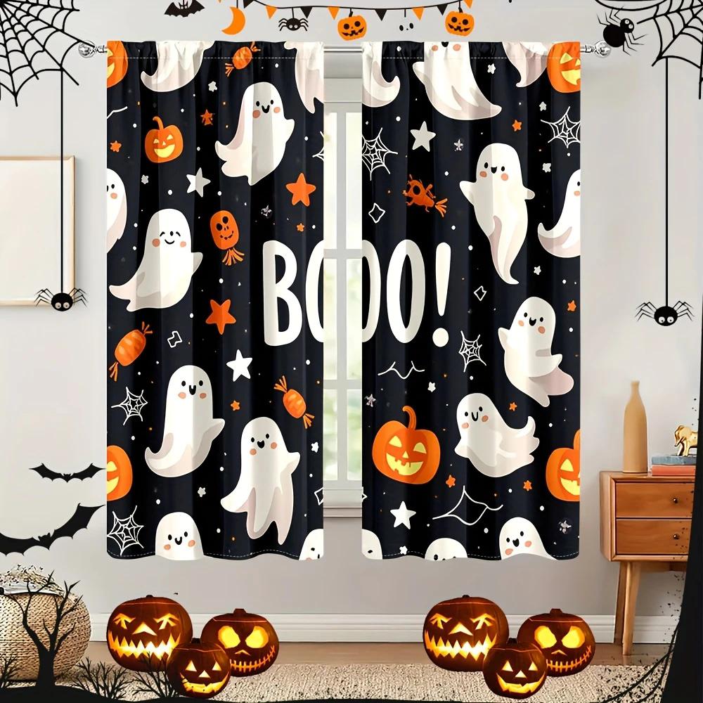 Set Of 2 Halloween Fun Pumpkin Print Curtains Pole Bag Home Decoration Room Made Polyester