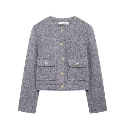 Women Fashion with Pockets Grey Single Breasted Bomber Jackets Vintage O-Neck Long Sleeves