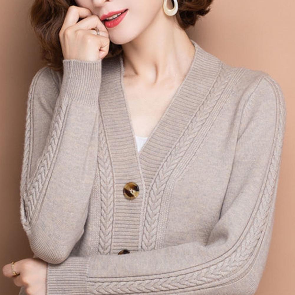 Women Knitted Cardigan Spring Autumn V Neck Button Closure Long Sleeves Solid Color Middle Age Ladies Coat Top Streetwear