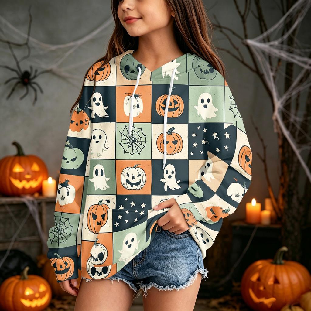 Kids Casual Hooded Sweatshirt with Halloween Print Pullover for Daily Wear