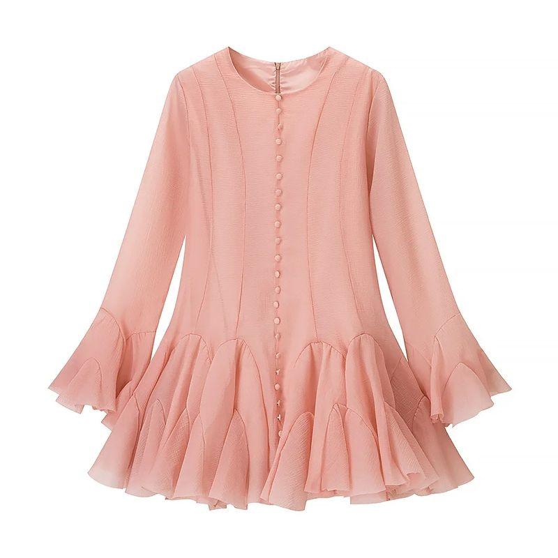 

Fairy Spring Garden Vietnam Niche Sweet Younger Frill Bell Sleeve Slim fit Date Waist Hugging Dress Leather powder Ruffles L