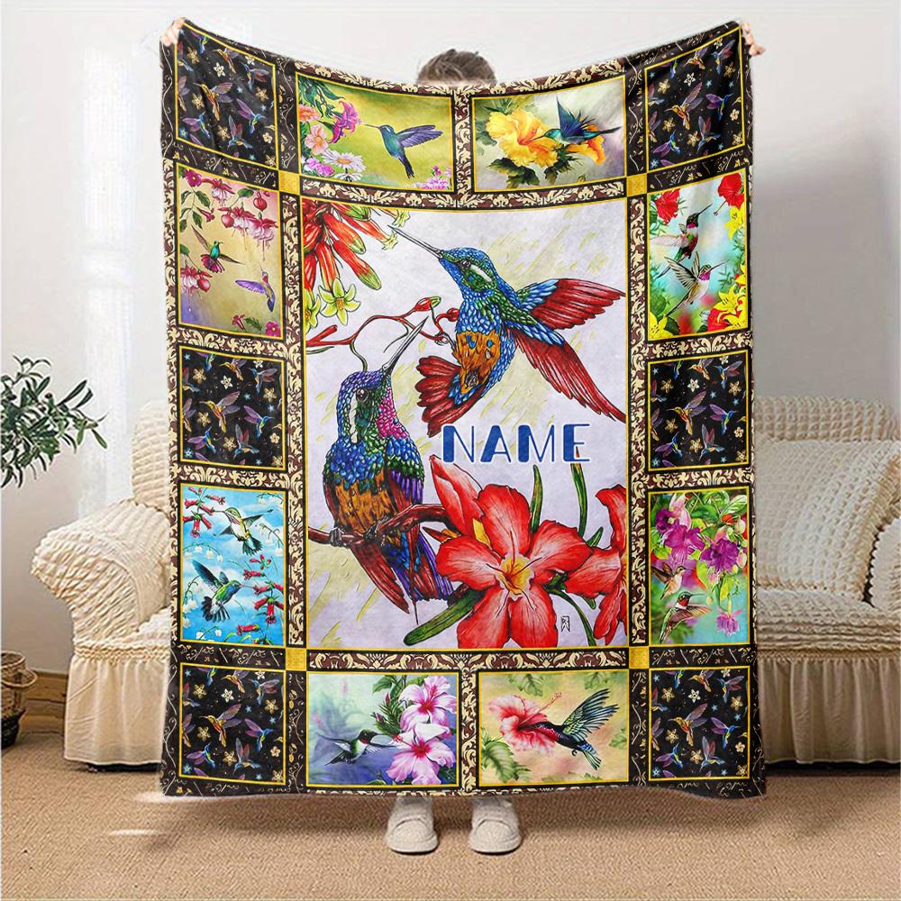 Colorful Hummingbirds And Flowers A Vibrant Nature Collage Lightweight Customizable Blanket Customize Your Name Soft Cozy Perfect For Sofa Couch