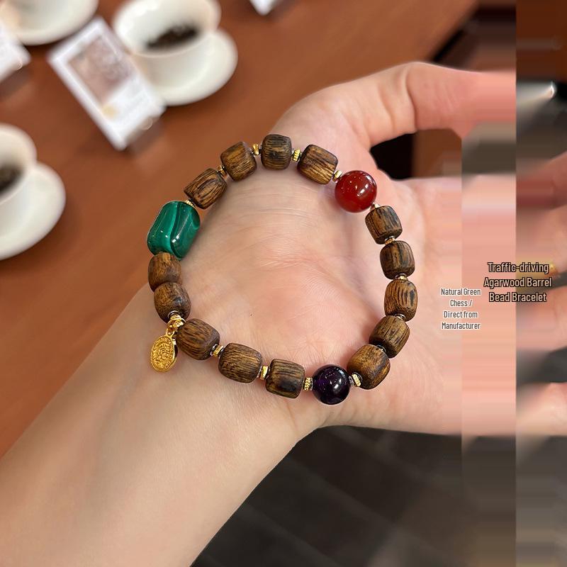 Hainan Green Agarwood Beaded Bracelet with Crystal Malachite Beads 8mm