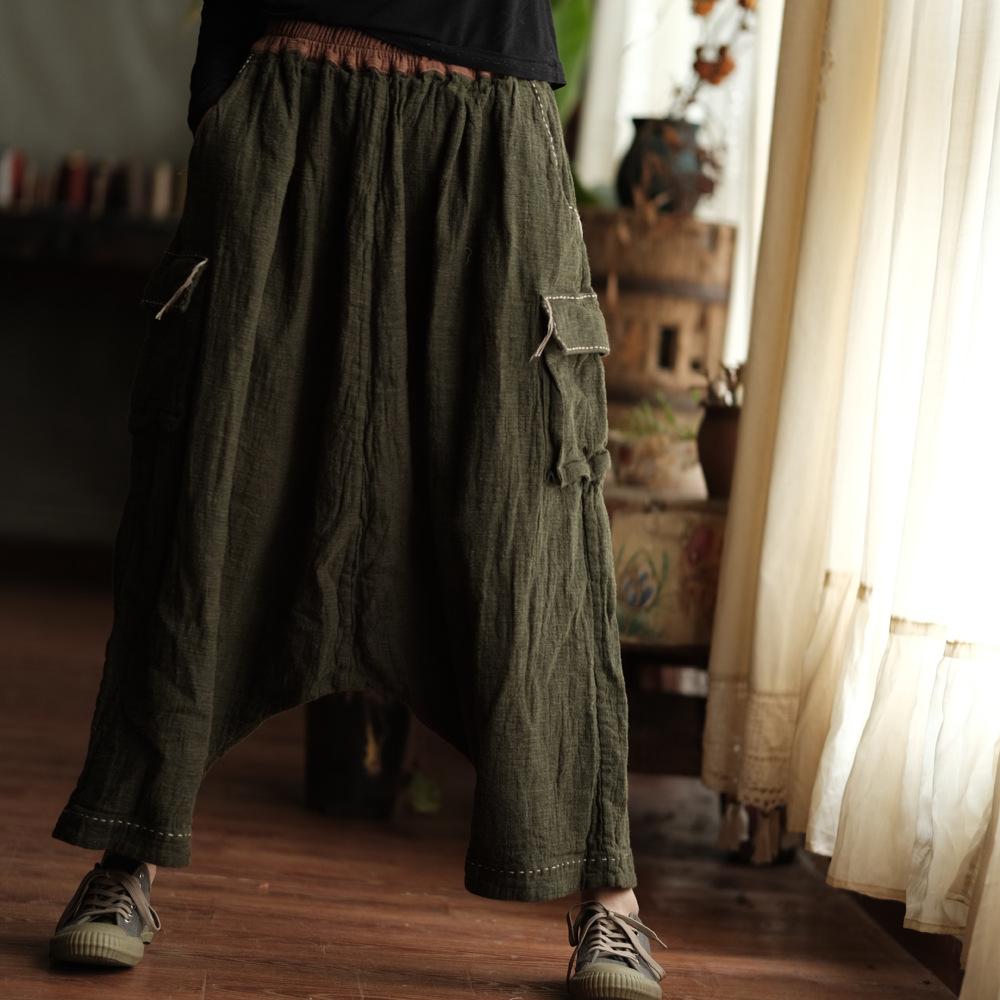 Johnature Women Vintage Pants Spring Chinese Style Pockets Solid Color Loose Soft Elastic Waist Trousers