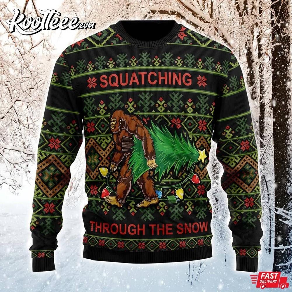 Bigfoot Squatching Through The Snow Ugly Sweater Unisex T-Shirt XXXXL