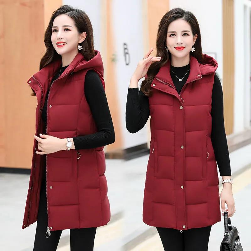 Women's Winterized Vest Detachable Hood Warm Oversized Mid-Length Mommy Jacket