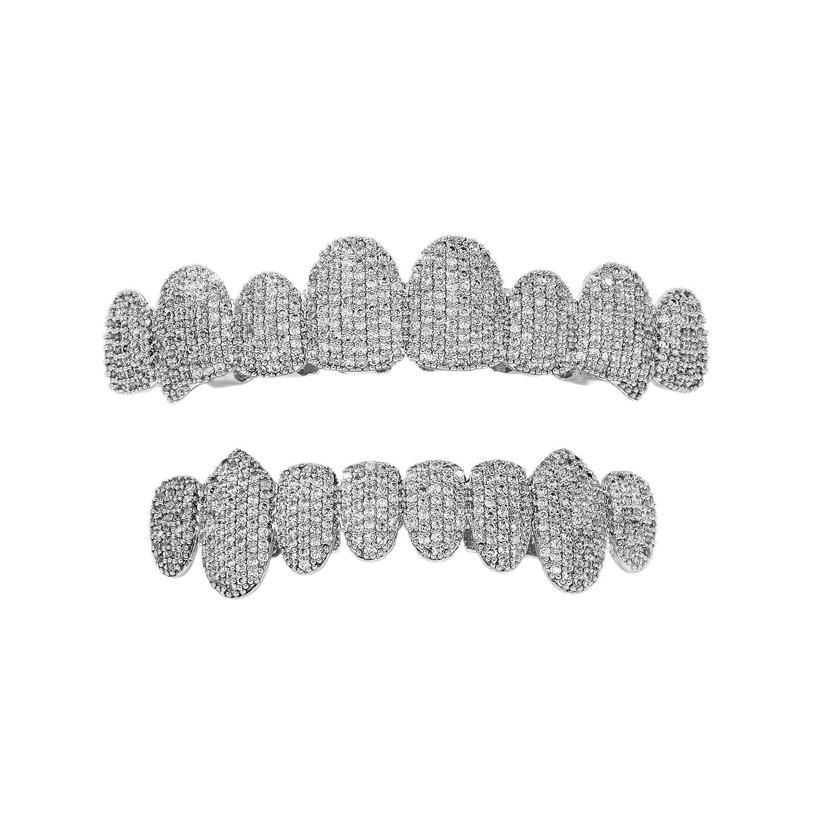 Luxury Gold Plated Top Bottom Teeth Grillz Set Cubic Zirconia Punk 8 Teeth Mouth Dental Grillz Body Jewelry серебряный