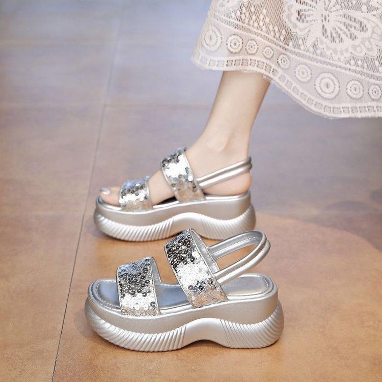 

Platform sandals women s 2025 new summer outer wear sequins versatile height-increasing casual shoes muffin one-word drag shoes 40