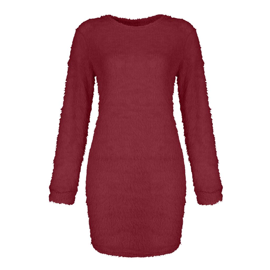 Fashion Women's Color Round Neck Long Sleeve Loose Plush Dress Sweater Dress