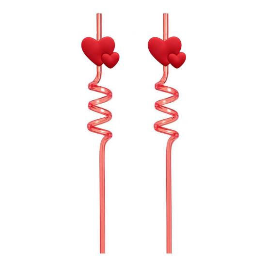 2Pcs Colorful Spiral Straws Creative Drinking Straws with Heart Lip Cake Charm Romantic Pink