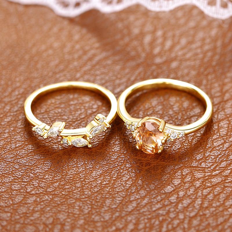 Champagne CZ 2Pcs Women Rings Aesthetic Wedding Accessories Gold Color Exquisite Leaf Rings Party Fashion Jewelry Sets
