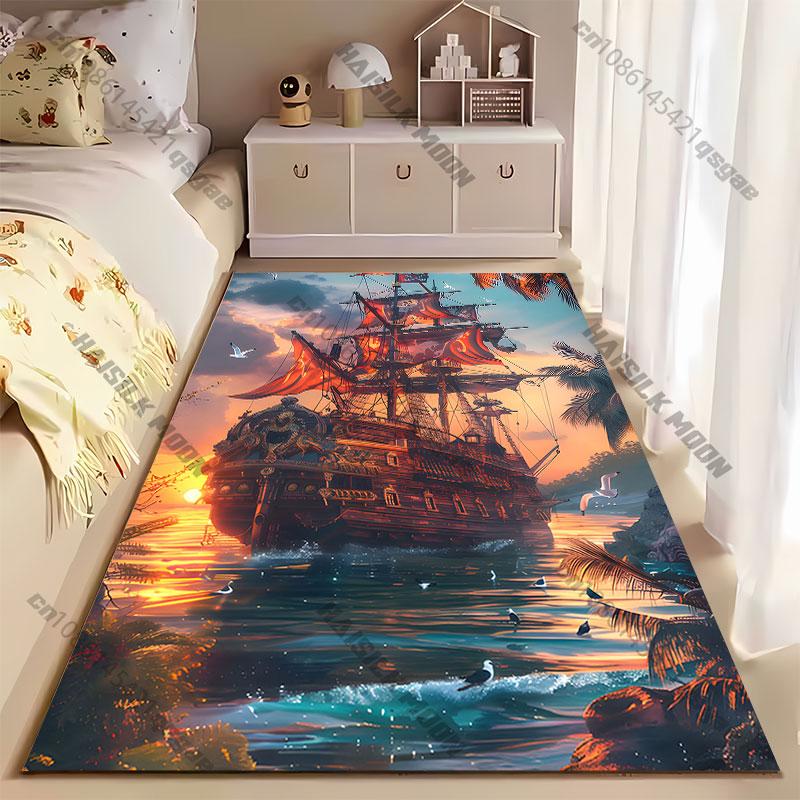 Majestic Pirate Ship Sunset Carpet Yoga Living Room Room Decor Children's Crawling Mat Doormat Area Rug Games Mat
