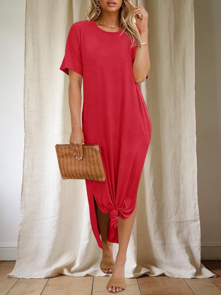 Womens T Shirt Dress Drop Shoulder Side Slit Loose Maxi Dress With Pockets