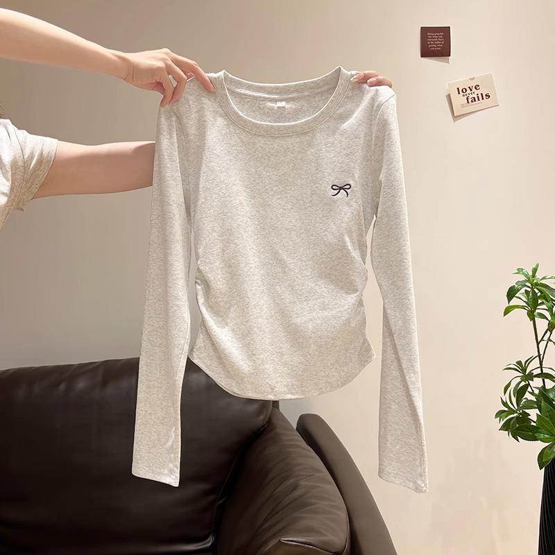 

Early Autumn Women s Round Neck Bow Embroidery Long Sleeve Pleated Top Small