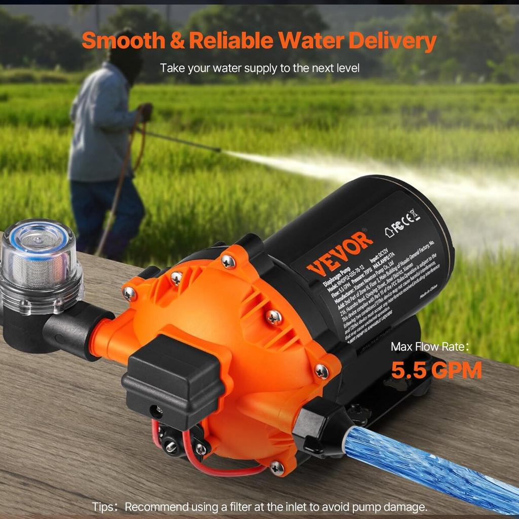 Water Diaphragm Pump, 12V DC, 5.5 GPM Flow, 70 PSI Rated Pressure (40-100 PSI Adjustable), 1/2" MNPT Self Priming Sprayer Pump with Pressure Switch