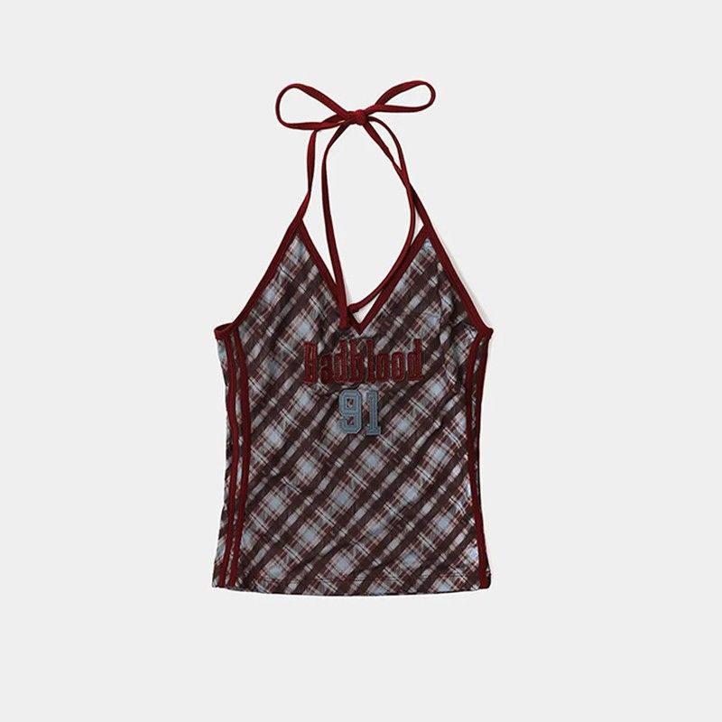 South Korea Badblood American Gyaru Plaid Vest Sling Women Niche Retro Sexy Street Embroidery Top Tide