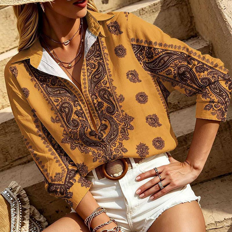 Vintage Print Lapel Shirt Women American Street Rock Collared Long Sleeve Loose Casual Blouse