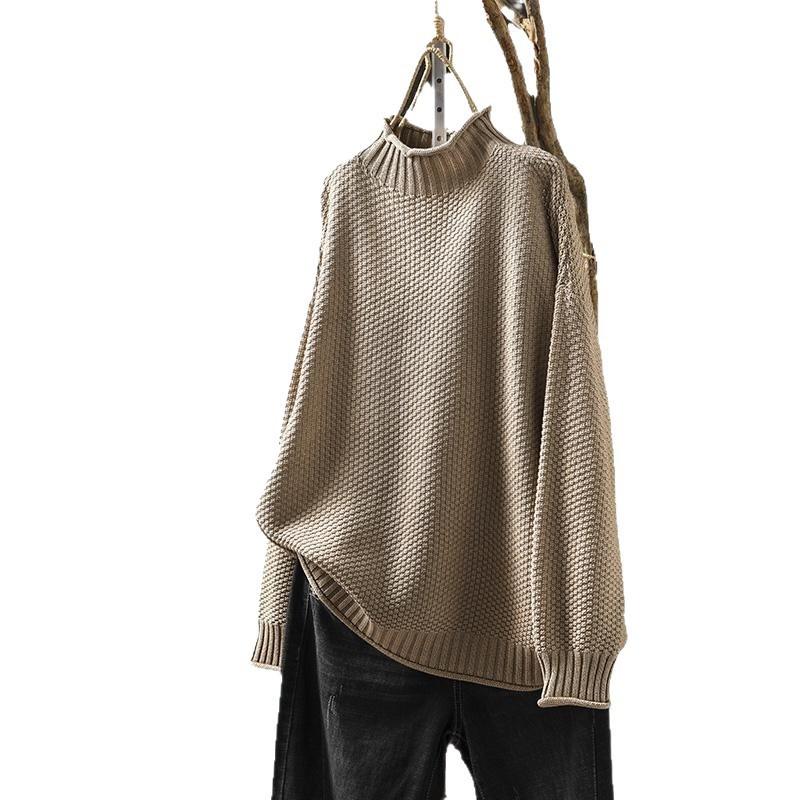 Damski Oversize Luźny Sweter z Dzianiny z Golfem Zimowy Casualowy Pulower z Haftem 3D