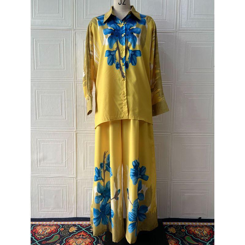 2025 European and American Summer New Ink Painting Positioning Print Long Sleeve Top Wide Leg Pants Fashion Two-piece Set