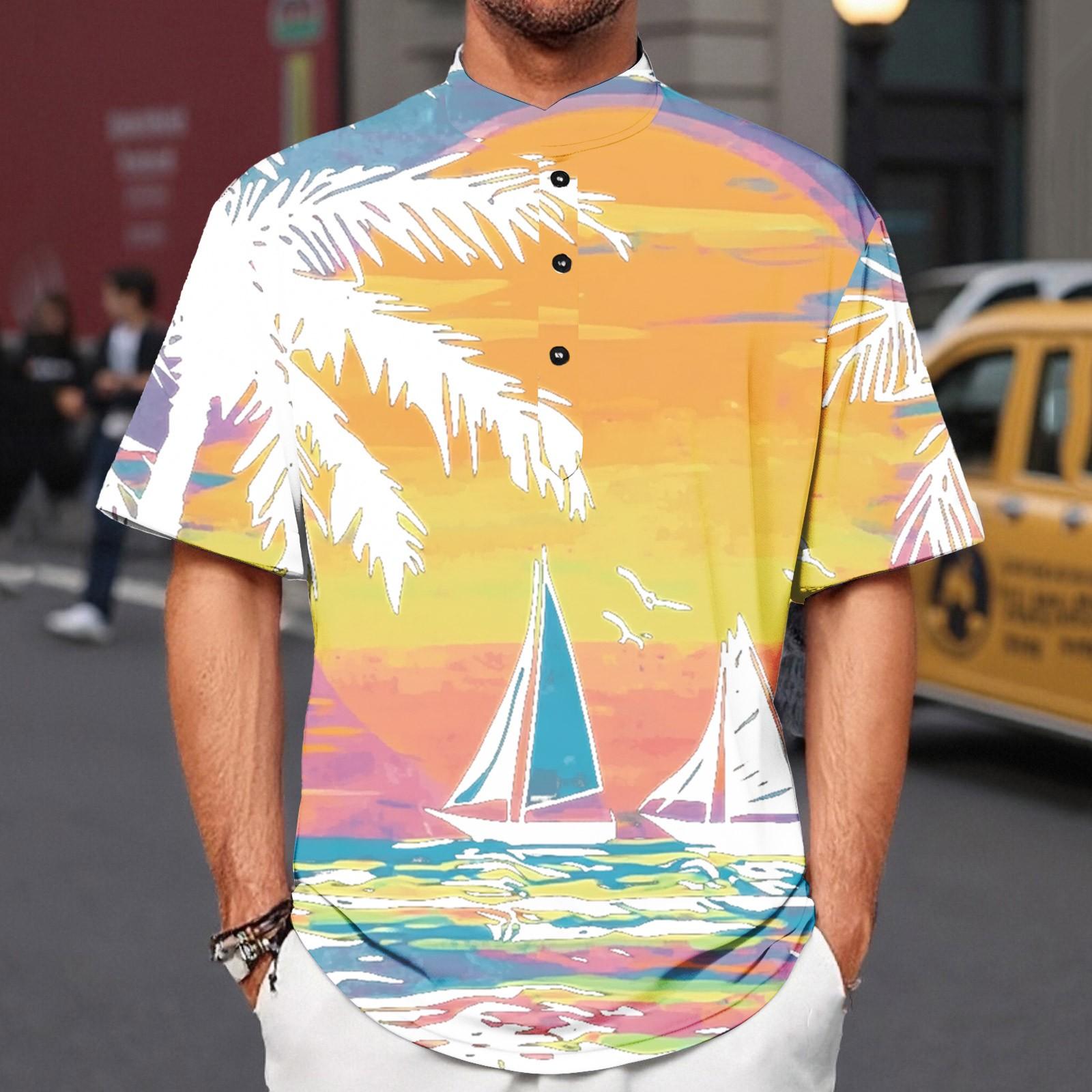 

Летний новый мужской повседневный воротник-стойка с коротким рукавом воротник рубашки XL жёлтый