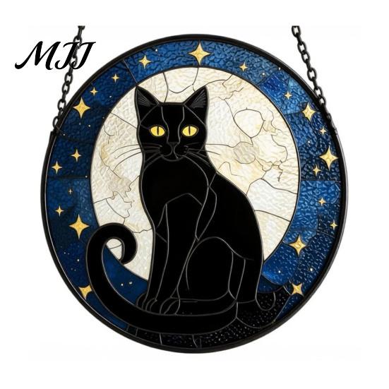 Tiffany Style Light Refraction Halloween Moon Black Cat Suncatcher Jigsaw Puzzle, 2D Acrylic Mystical Feline Window Hanging Puzzle Ornament