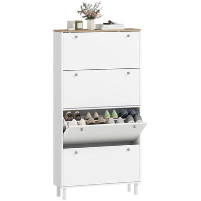 Slim Shoe Cabinet with 4 Flip-Down Drawers and Adjustable Shelves for 24-32 Shoes, 80x23.5x157 Cm, White