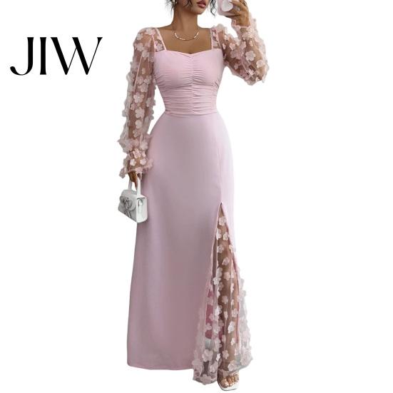 Einfarbiges Outfit Langarm-Kleid mit Blumenspitzenärmeln für Damen, Eckiger Ausschnitt Rüschen A-Linie Partykleid, Schmale Taille Maxi