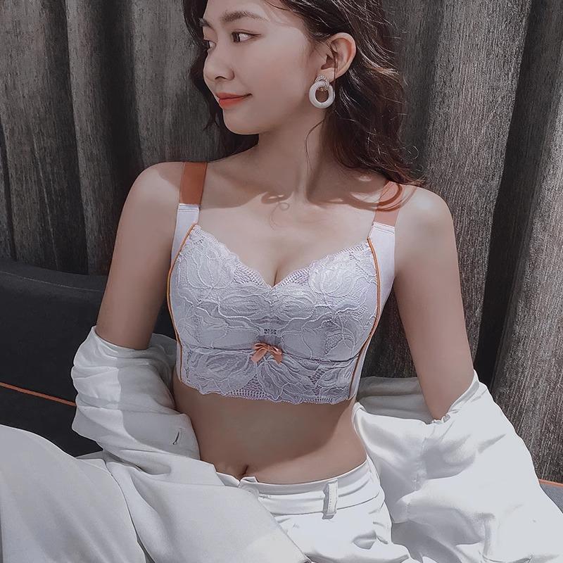 

Large breasts show small underwear thin lace bra without steel ring gathering anti-sagging adjustment large size bra 42/95E синій