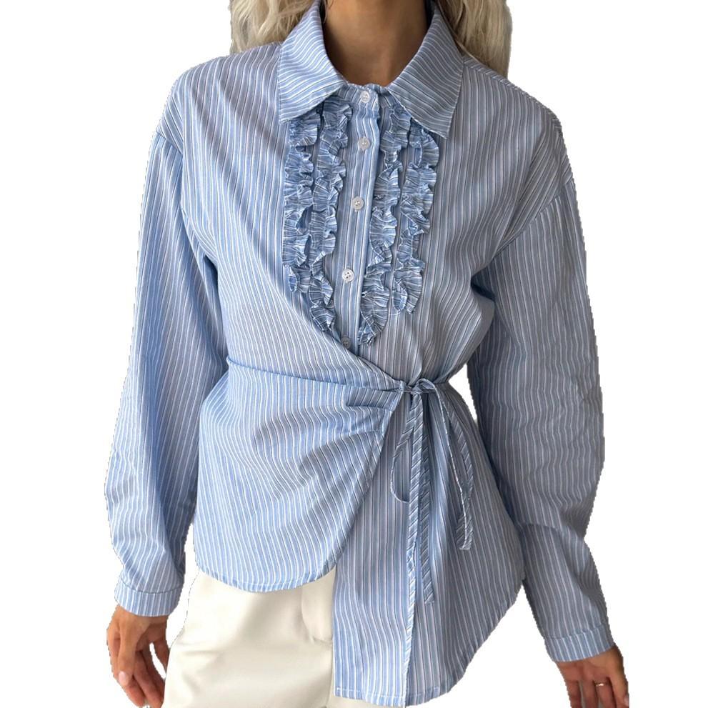Autumn Fungus Edge Design Blue Striped Women's Shirt Waist Strap Irregular Light Luxury High-end Top