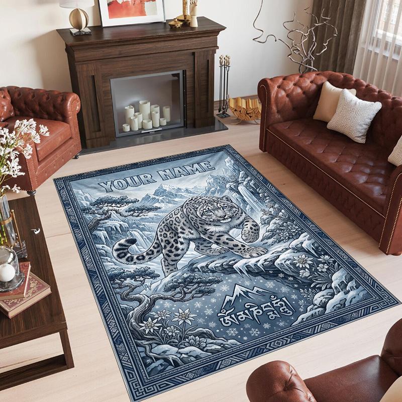 Leopard Theme Crystal Velvet Floor Rug Personalized Custom Name Text Warm Carpet Home Decoration