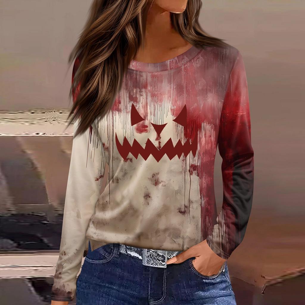 Women's Fashion Casual Slit Hem Round Neck Long Sleeve Loose Halloween Printed T-Shirt Ladies Top