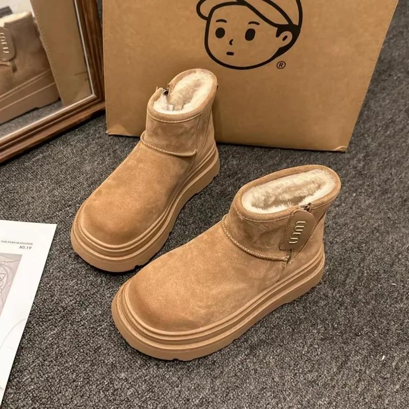 Platform Ankle Snow Boots Women Suede Flats Fur Cotton Shoes Brand Winter Plush Warm Shoes Woman 2025 Trend Fad Cozy Botas Mujer