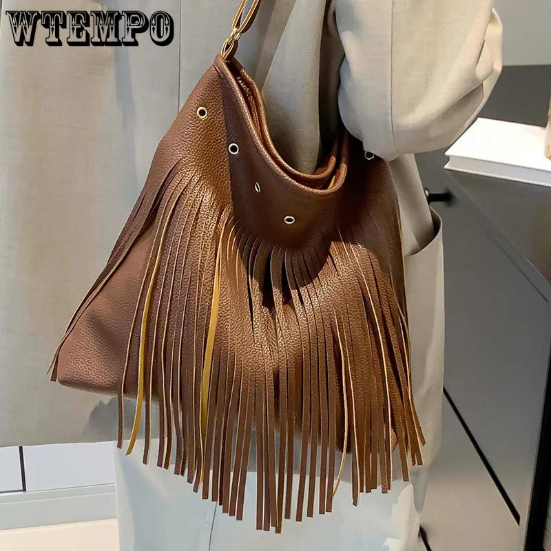 

WTEMPO Faux Leather Large Capacity Retro Tassel Bags Women s Single Shoulder Crossbody Bags Bohemian Fashion Tote Bags 1pc коричневий
