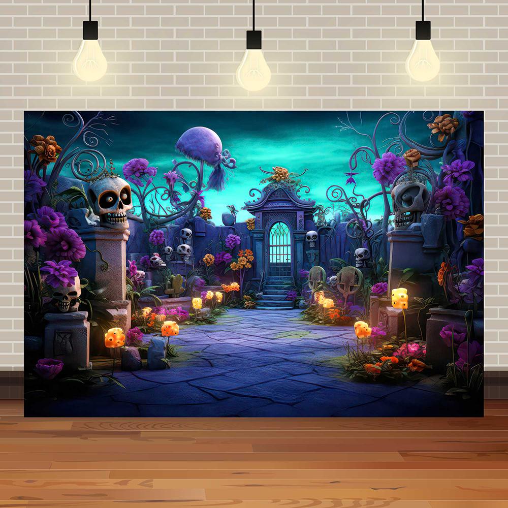 Halloween Eve Theme Skull Flowers Night Castle Moon Pumpkin Lights Skeleton Family Party Kids Photography Background Studio Prop387