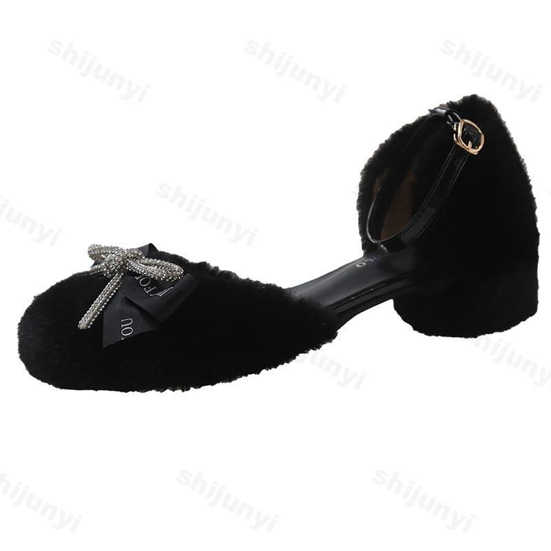 Plush Mary Jane Shoes Women's Autumn Winter Fashion Bow Knot Buckle Strap Chunky Shoes Comfortable Luxury Non Slip Casual Shoes