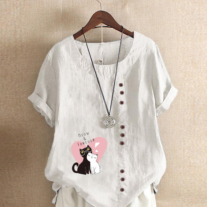 

Женская модная футболка с коротким рукавом и принтом кота, свободная хлопковая рубашка, повседневная свободная летняя блузка, топы больших размеров 5XL белый