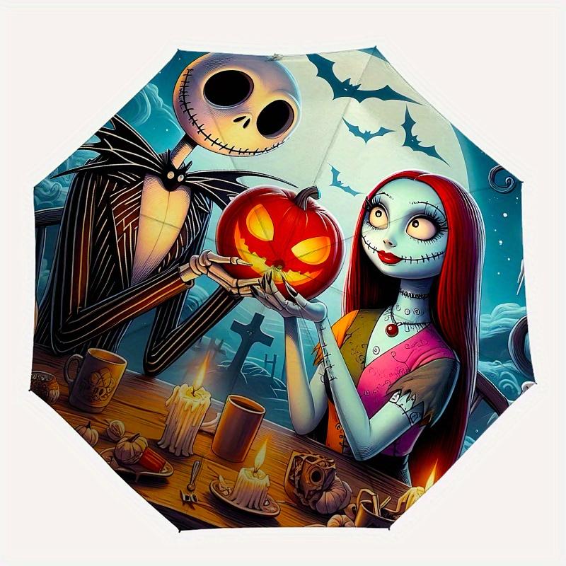 1 Ombrello Portatile Colorato con 8 stecche, a Tema Jack Skellington e Sally, Apribile Automaticamente, per Uomo e Donna, un Compagno Compatto per il Pendolarismo Adatto per Da